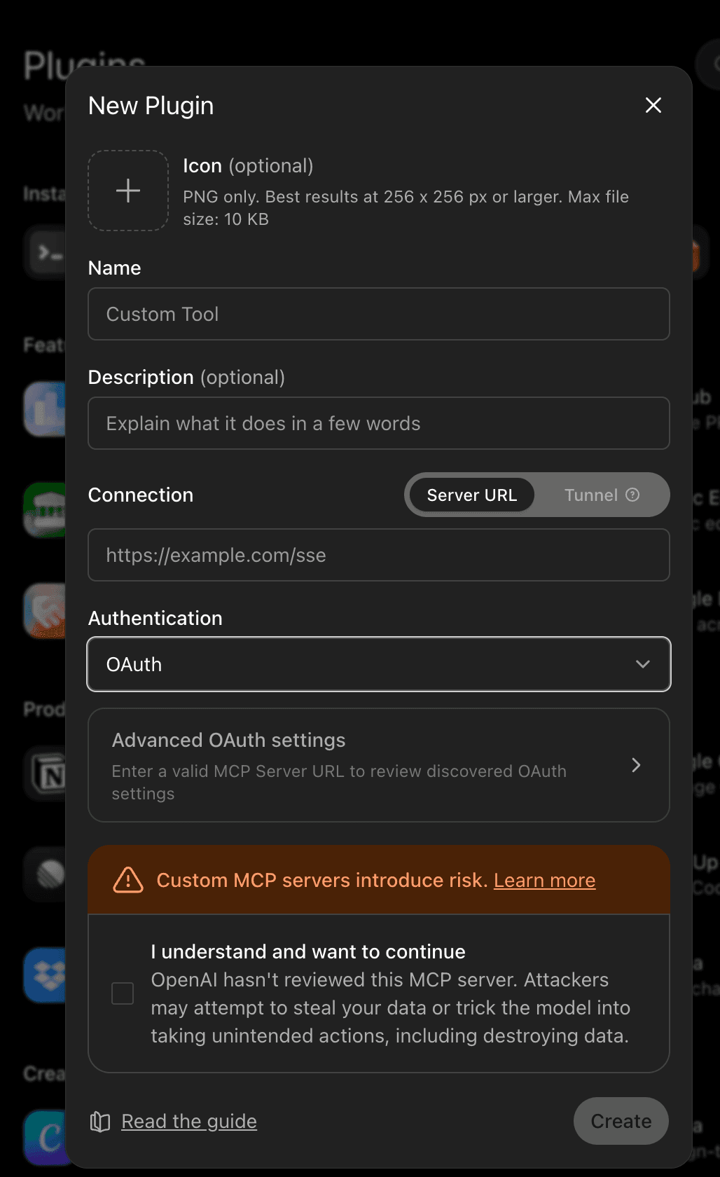 ChatGPT New Plugin form with Server URL and OAuth authentication fields