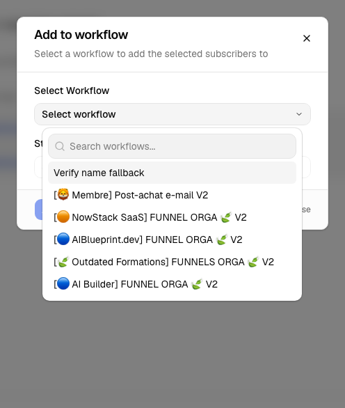 Workflow picker listing active published workflows