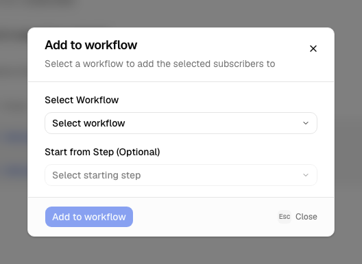 Add to workflow dialog with workflow and optional starting step