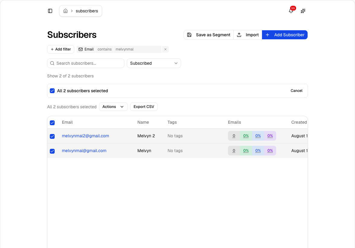 Select all banner after every matching subscriber is selected
