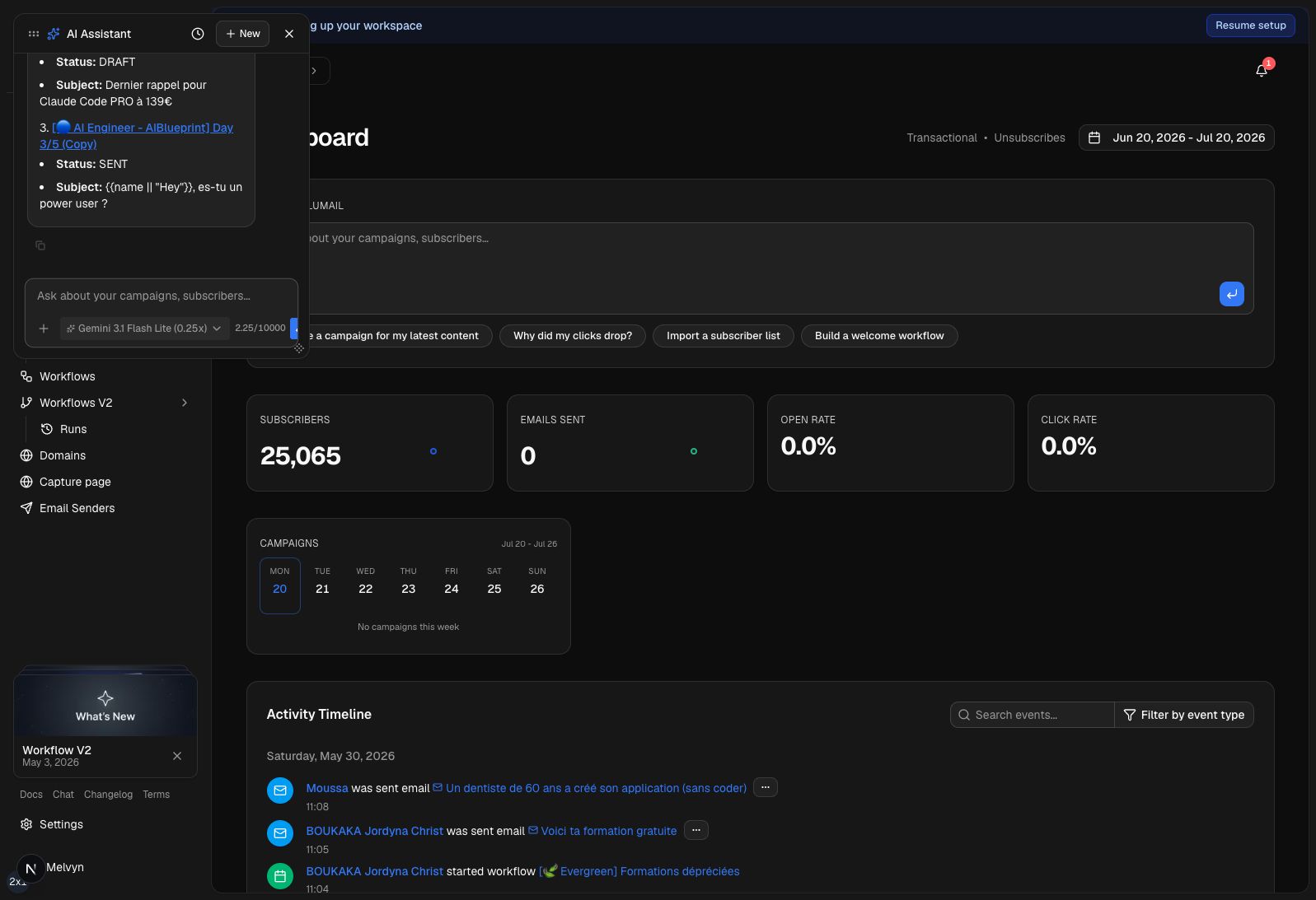 Ask Lumail open beside the organization dashboard