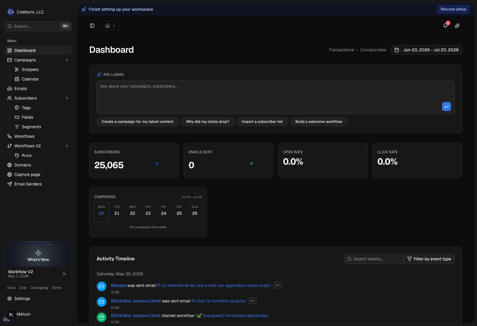 Dashboard banner offering to resume the saved workspace setup