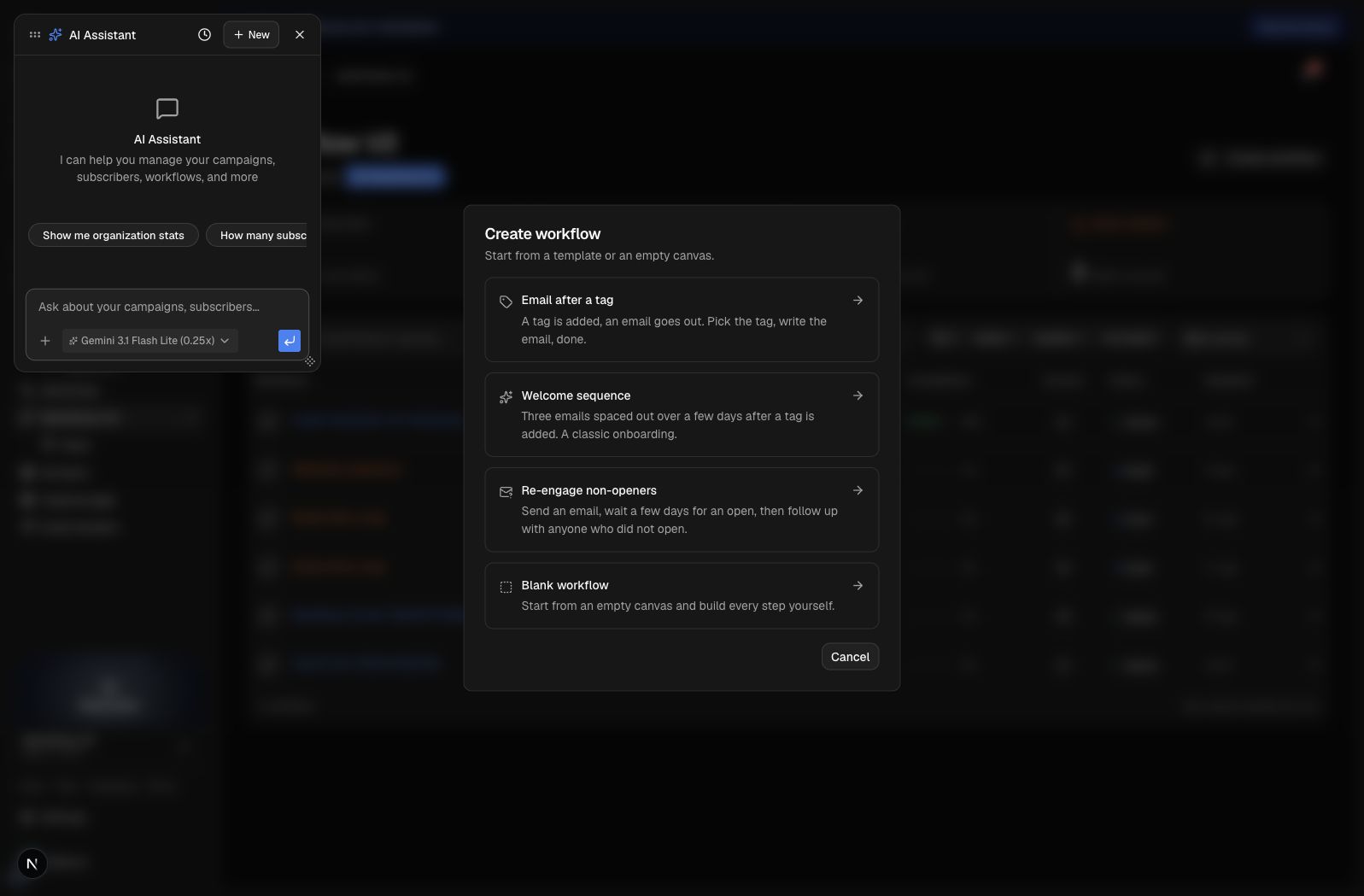 Workflow template picker with tag email, welcome sequence, re-engagement, and blank workflow options