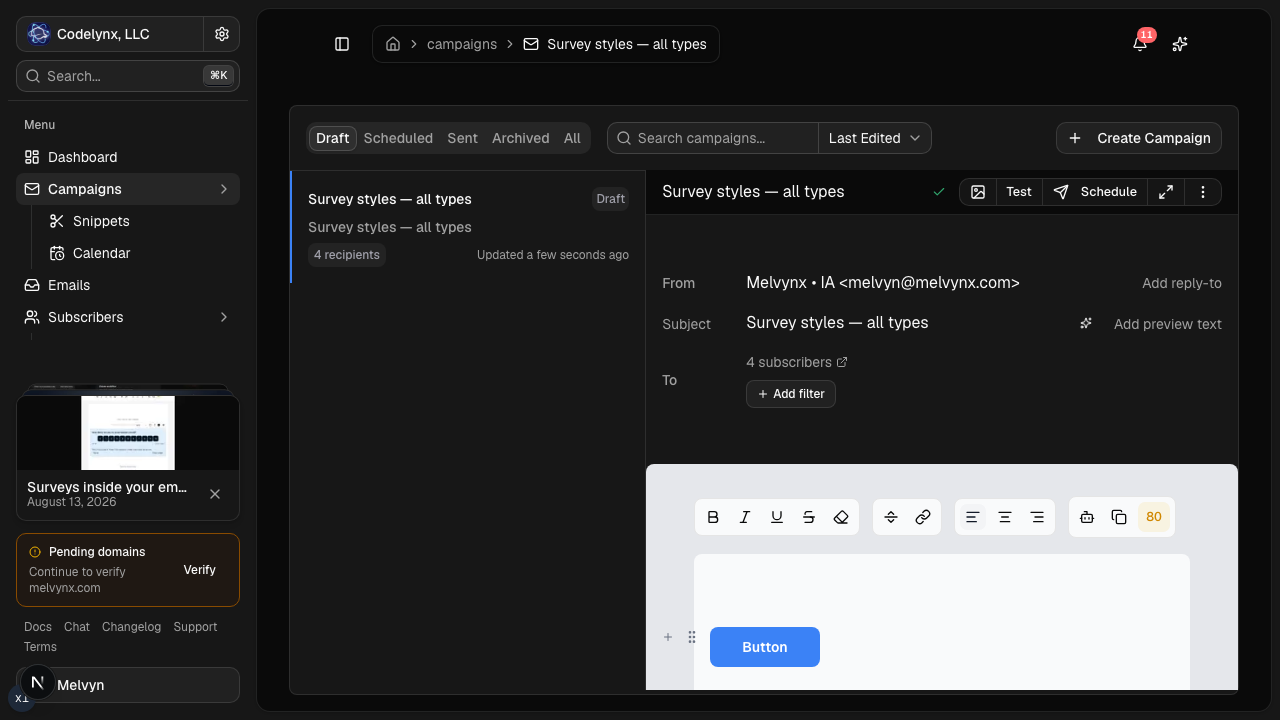 Lumail campaign editor with From, subject, audience filters, Test and Schedule, and a visual email canvas
