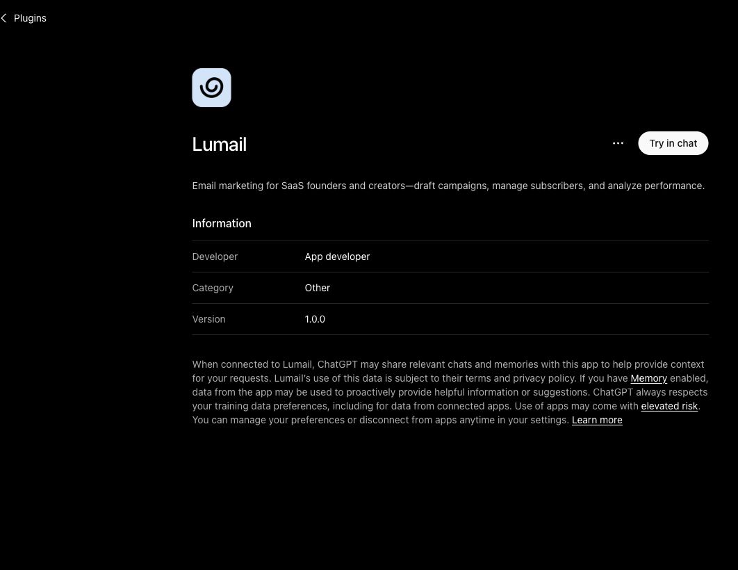 Lumail connected inside ChatGPT as an email marketing app with a Try in chat action